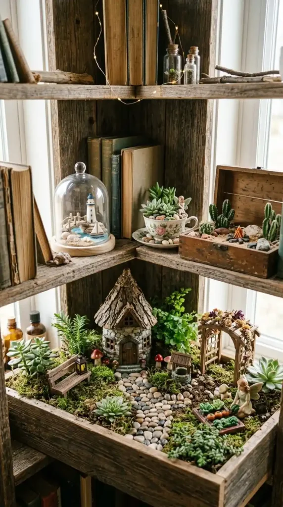 bookshelf-fairy-garden-corner-with-mini-worlds