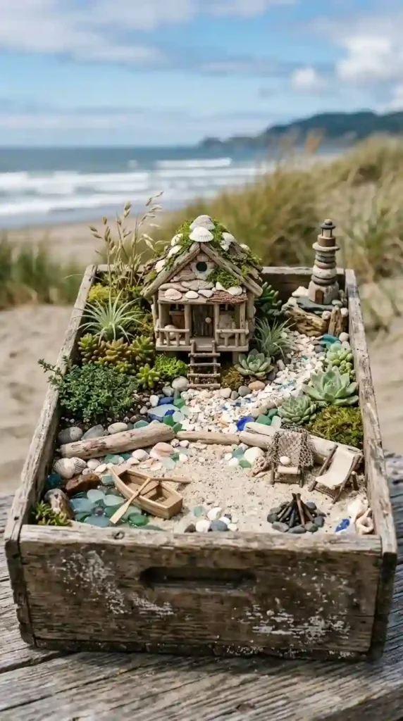 coastal-fairy-garden-in-a-wooden-crate