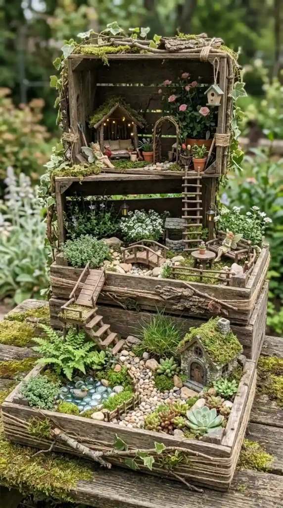 wooden-crate-multi-level-fairy-garden-setup